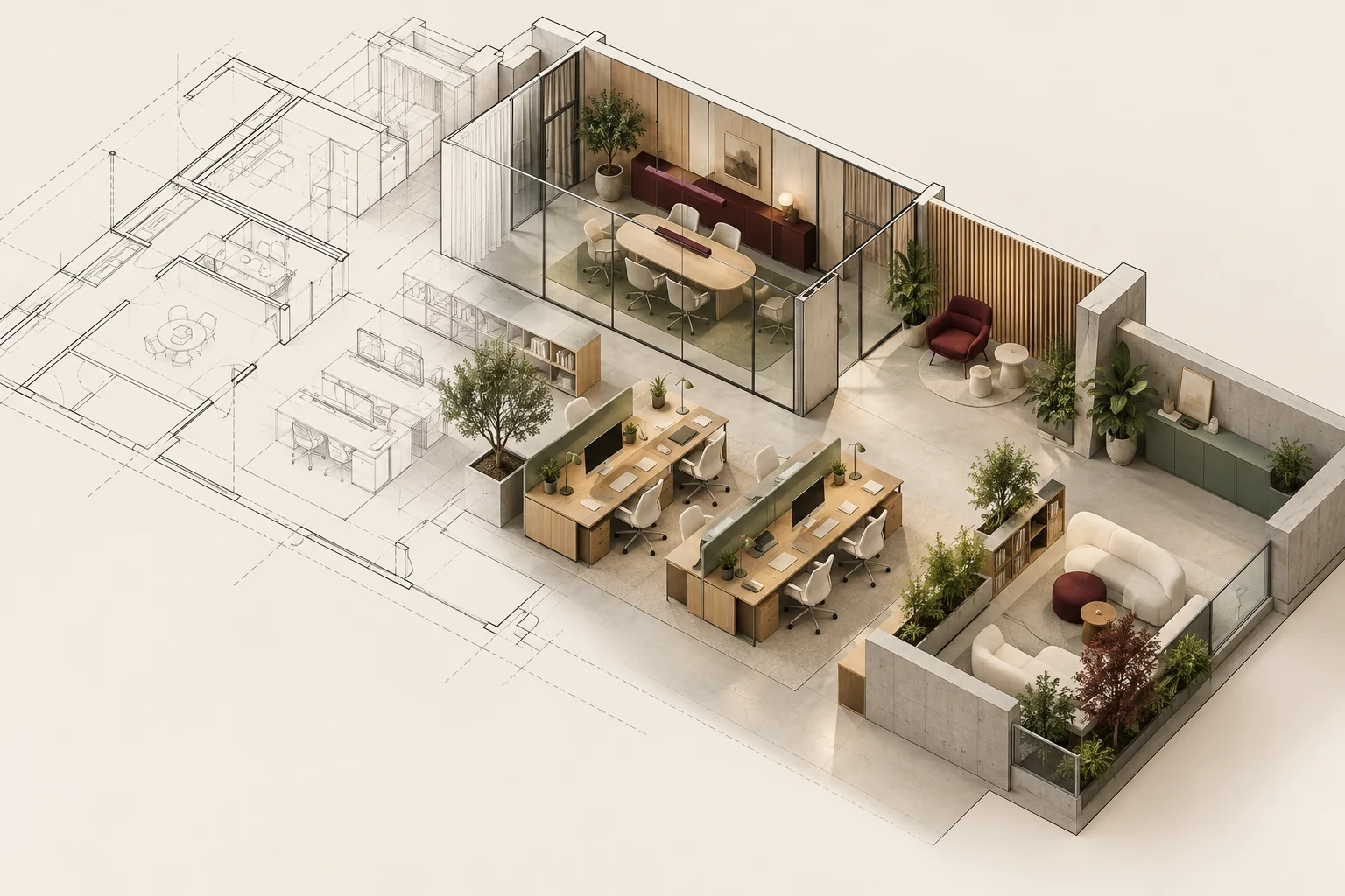 Wizualizacja koncepcyjna: plan biura przechodzący w nowoczesne wnętrze 3D